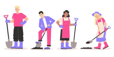 Kürekleri farklı pozlarda olan bir grup bahçıvan.