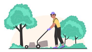 Genç bir adam çim biçme makinesiyle çimleri biçiyor.