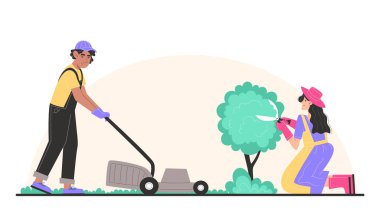 İnsanlar bahçeyle ilgileniyor, erkek çim biçme makinesiyle çimleri biçiyor ve kadın bahçe makası ile çalıları buduyor.