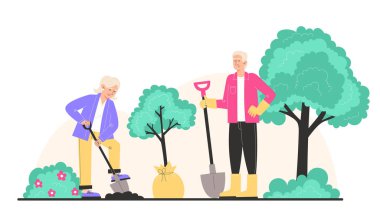 Büyükanne ve büyükbaba bir kürekle toprağı kazar ve genç bir ağaç dikerler.