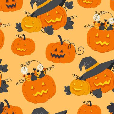 Cadılar Bayramı için yüzleri olan kusursuz balkabağı feneri deseni.