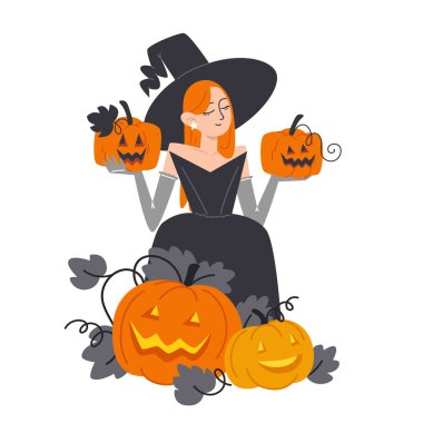 Cadılar Bayramı için Siyah Giysili Cadı Balkabağı Fenerleri Tutuyor