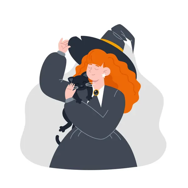 stock vector Witch in Black Attire and Hat is Holding a Black Cat for Halloween