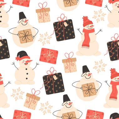 Kardan adamların ve hediye kutularının kusursuz Noel şablonu