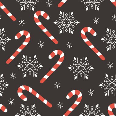 Kırmızı ve beyaz baston şekerli Noel desenleri, koyu arkaplanda kar taneleri