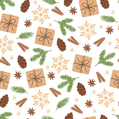 Kar taneleri, köknar dalları, tarçın çubukları, koniler ve hediye kutularıyla kusursuz desen.