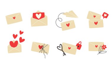 Kırmızı kalpli sevgililer günü için bir zarf seti.