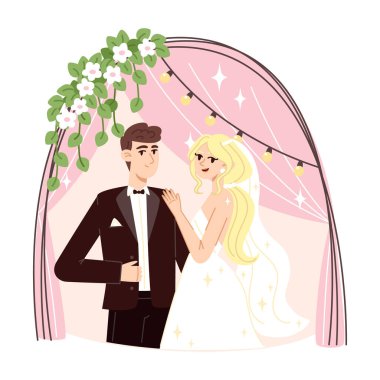 Genç Avrupalı Gelin ve Damat Portresi Çiçeklerle süslenmiş Düğün Kemeri ile Düğünlerinde