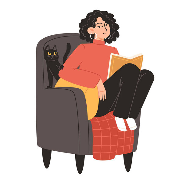 Young Woman Sitting in an Armchair with a Cat, Reading a Book