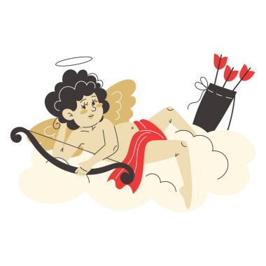 Aşk tanrısı kabarık bir bulutun üzerinde, yayını ve aşk oklarını tutuyor, sevgililer gününde sevgi saçmaya hazır.