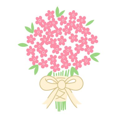 Bej kurdele ve fiyonkla sarılmış küçük bir buket pembe çiçek.