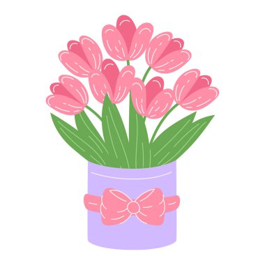 Kadınlar Günü için pembe kurdeleli lavanta rengi hediye kutusunda pembe laleler.