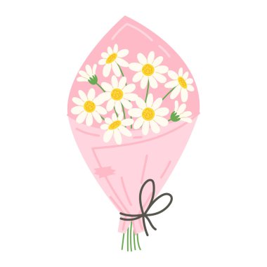 Kadınlar Günü için pembe ambalajlı vahşi beyaz papatyalar, romantik çiçekler.