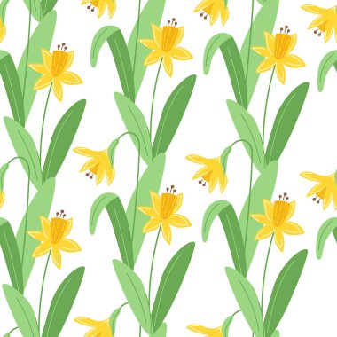 Sarı nergis ve beyaz arka planda yeşil yapraklı kusursuz yay deseni.