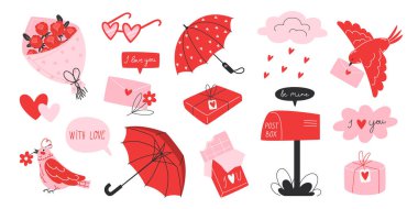 Sevgililer Günü için Çiçekler, Kuş, Şemsiye, Zarf, Posta Kutusu, Hediye, Kalp ve Bulut ile Dekoratif Elementler