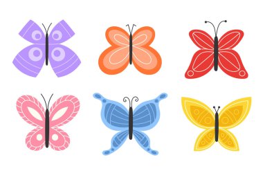 Kanatlarında Geometrik desenler olan Çok Renkli Bahar Kelebekleri Koleksiyonu, Canlı ve Karmaşık Tasarımlar