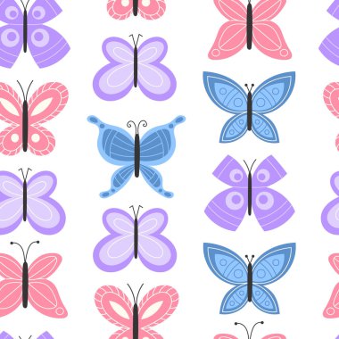 Mor, Mavi ve Pembe Renkli Parlak Bahar Kelebeklerinin Kusursuz Kelebekleri Beyaz Düz Arkaplanda