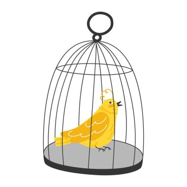 Beyaz Arkaplanda Modern Bir Kafes İçinde Sarı Bir Papağanın Minimalist Düz Çizimi