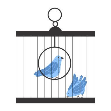 Minimalist İki Mavi Kuşun Beyaz Arkaplanda Bir Kare Kafes Üzerinde Düz Çizimi