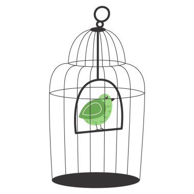 Minimalist Düz Çizim Beyaz Arkaplanda Modern Bir Kafesin İçinde Sallanan Küçük Yeşil Şarkı Söyleyen Kuş