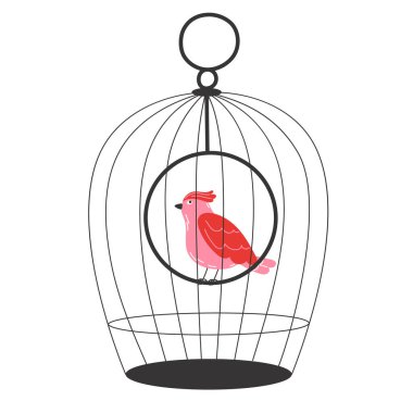 Beyaz Arkaplanda Minimalist Bir Kafes İçinde Kırmızı İbikli Songbird 'ün Düz Çizimi