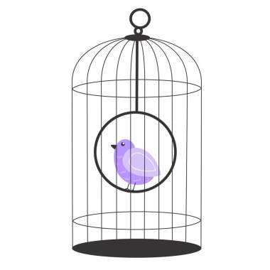 Modern Tel Kuş Kafesi 'nde Küçük Mor Şarkı Kuşu, Beyaz Arkaplan Üzerine Düz Çizim