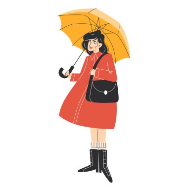 Kırmızı Ceketli Genç Kadın Sarı Şemsiye Tutuyor Yağmurlu bir Sonbahar Günü, Modern Sonbahar Kıyafeti