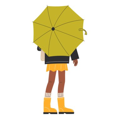 Sarı çizgili, Şemsiyeli Afrikalı Bir Kadının Düz Çizimi, Modern Yağmurlu Gün Görünümü