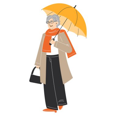 Renkli aksesuarları ve Şemsiyesi olan, Şemsiyeli Şık Sonbahar Paltolu Yaşlı Bir Kadının Düz Çizimi