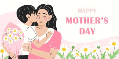 Küçük oğlunun annesine bir buket beyaz papatya verdiği Anneler Günü Kartı Tasarımı. Anneler Günü Kutlaması için Sevimli Poster ve Bayrak.