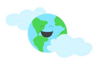 Etrafı bulutlarla çevrili gülümseyen dünya gezegeni. Dünya Günü Kutlaması için Şirin Düz Vektör İllüstrasyonu.