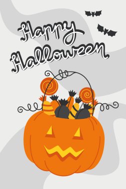 İçinde şeker sepeti şeklinde bir balkabağı olan düz stil bir Cadılar Bayramı posteri. Mutlu Cadılar Bayramı. Cadılar Bayramı partisi davetiyesi için mükemmel.