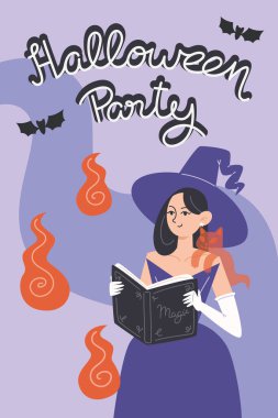 Düz Tarz Cadılar Bayramı Posteri Bir Cadı Büyü Kitabı ve Bir Hayalet Okuyor