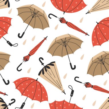 Beyaz Arkaplanda Düz Stil Yağmur Damlaları ile Kusursuz Kırmızı ve Bej Şemsiyeler
