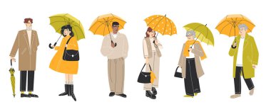 Yağmurlu Bir Sonbahar Moda İllüstrasyonunda Şemsiyeli Çeşitli İnsanlar Sonbahar Kıyafetlerinde