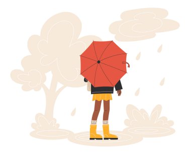 Şemsiyeyle Yağmurda Yürüyen Genç Siyah Kadın Sıcak Sonbahar Ceketi ve Lastik Çizmeler Düz Çizme Çizmesi Çizmesi Giyiyor