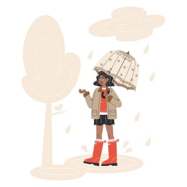 Şeffaf Şemsiyeyle Yağmurda Yürüyen Genç Siyah Kadın Sıcak Sonbahar Ceketi ve Lastik Çizmeler Düz Çizme Çizmesi Çizmesi Giyiyor