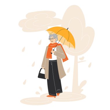 Yağmurlu Sonbahar Parkı 'nda Şemsiyeyle Yürüyen Yaşlı Kadın Sıcak Giysiler Düz Çizimler Giyiyor