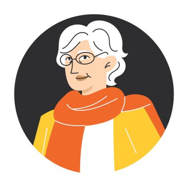 Kullanıcı Simgesi veya Avatar İllüstrasyonu İçin Gri Saçlı Zarif Modern Yaşlı Kadın Dairesel Portresi