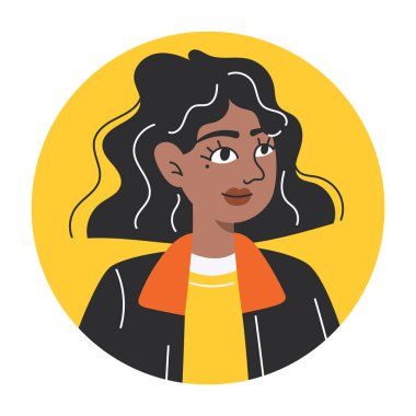 Kullanıcı Simgesi veya Avatar İllüstrasyonu için Modern Genç Koyu Derili Kadın Düz Stil Dairesel Portresi