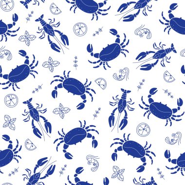 Beyaz Arkaplanda Düz Akdeniz Sebzelerinde Yengeç Istakozu ve Karidesli Kusursuz Desen