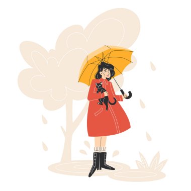 Şemsiyeyle birlikte Sonbahar Park Düz Çizim 'de Kedi Yürüten Genç Kadın