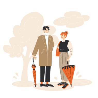 Genç Açık Derili Çift Sonbahar Parkı 'nda Şemsiyeyle Yağmurda Yürüyor Sıradan İş Kıyafetleri Giyiyorlar Düz Çizimler