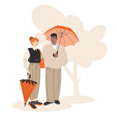 Gelişigüzel İş Giysilerinde Genç Irklar Arası Çift Doğanın Düz Stili Sonbahar İllüstrasyonunda Şemsiyeleri Tutuyor