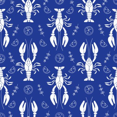 Kusursuz desenli beyaz yengeçler limonlar biberiye mavisi arka plan Akdeniz