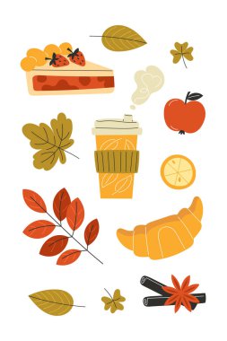 Kahve, kruvasan, turta, meyve ve baharatla donatılmış sonbahar elementleri.
