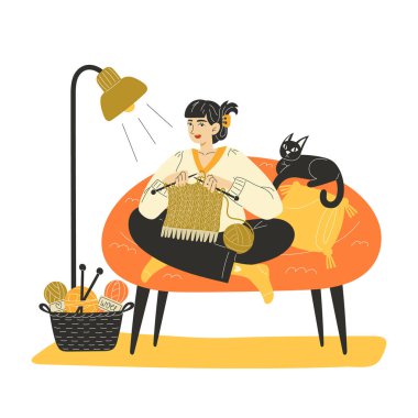 Kedi ve Yün Basket Çizimleriyle Şırıngayla Şırınga Ören Genç Kadın