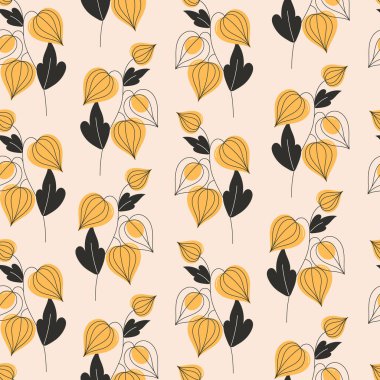 Sonbahar sonbahar kumaşı ve ambalaj tasarımı için ışık arka planında düz stil Physalis fenerlerinin pürüzsüz deseni