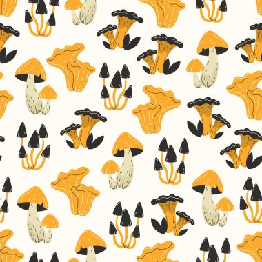 Kusursuz sonbahar sonbahar sonbahar mantar deseni düz stil ve hafif arka planda sarı orman elementleri mevsimlik tekstil ve yüzey arzusu için