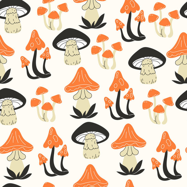 Seamless autumn fall mushroom pattern in flat style with orange elements on light background for seasonal forest themed fabric and wrapping desig